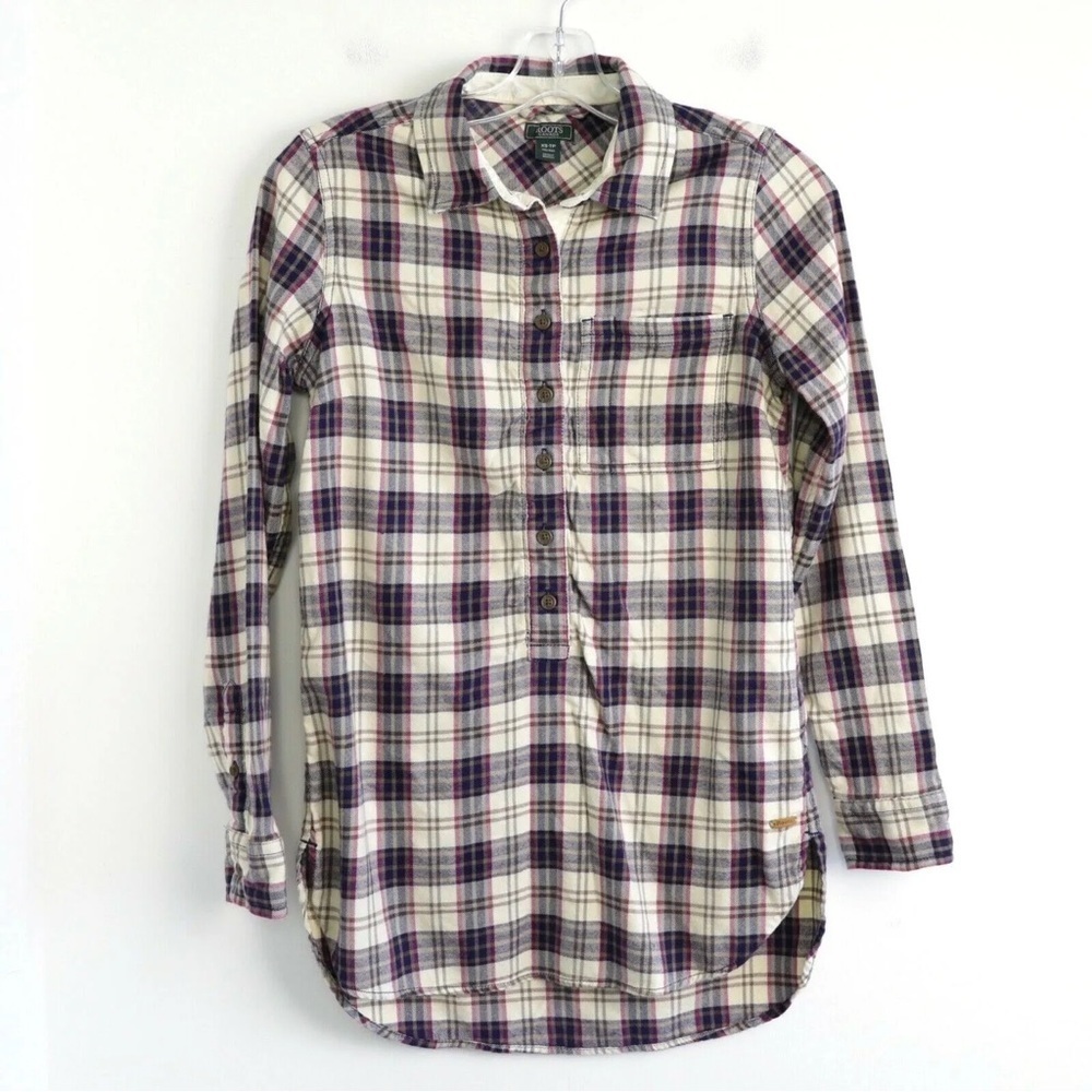 Roots tunic shirt long sleeve plaid XS beige red cottagecore cabin flannel top